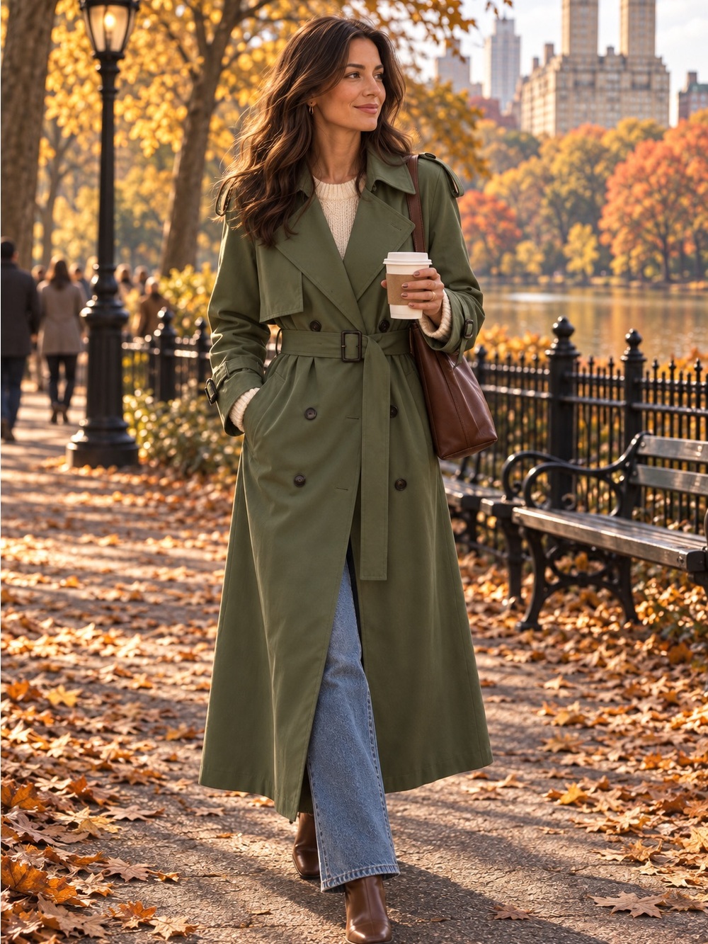 Classic Longline Trench Coat Belted Double Breasted Duster Maxi Coat Olive green